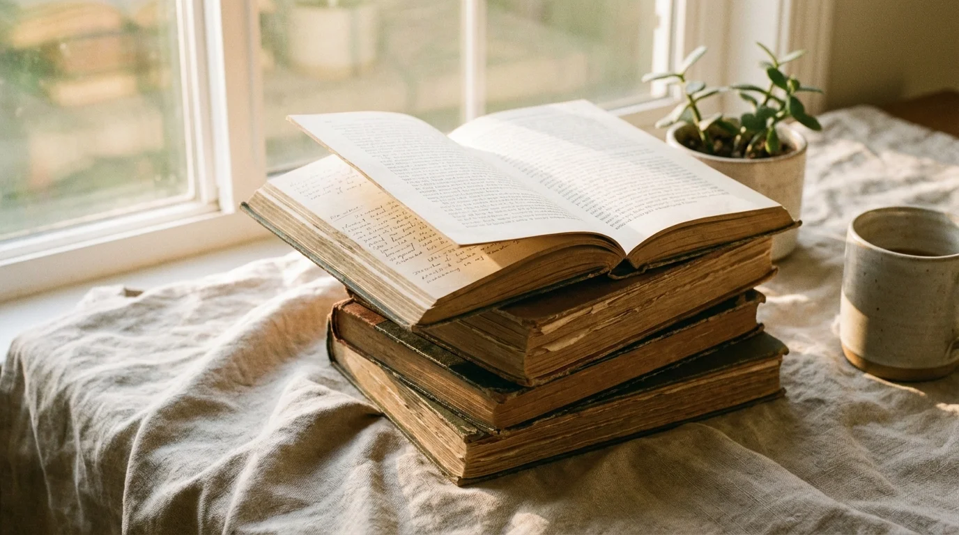 Stack of books for emotional healing on a soft surface with morning light.