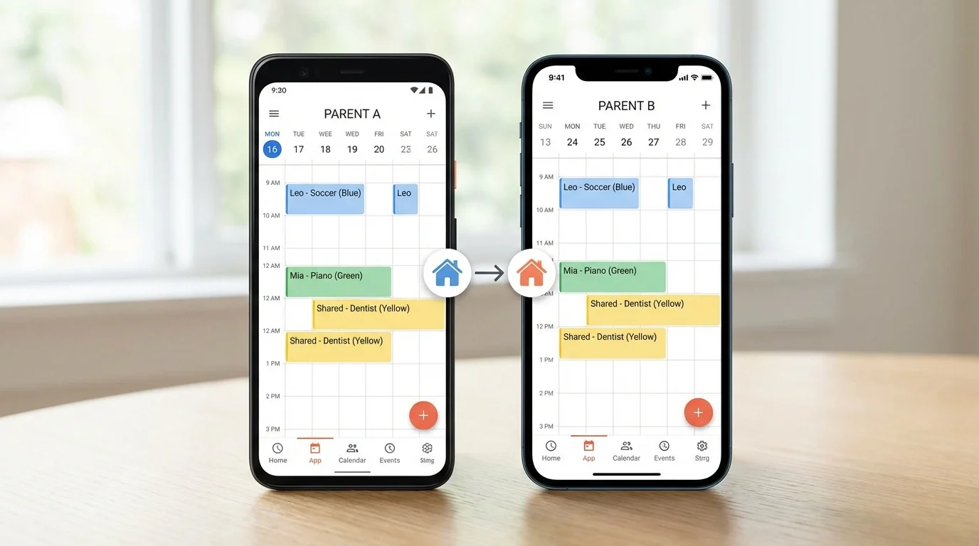 Digital interface of co-parenting apps showing shared custody calendars across two homes.