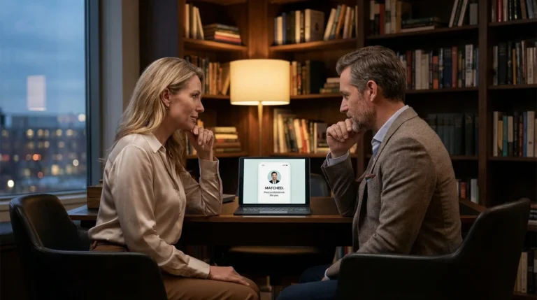 Confident professional reviewing dating app options on a tablet after divorce.