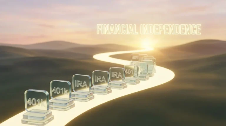 Conceptual visualization of investment accounts paving the path to financial independence.