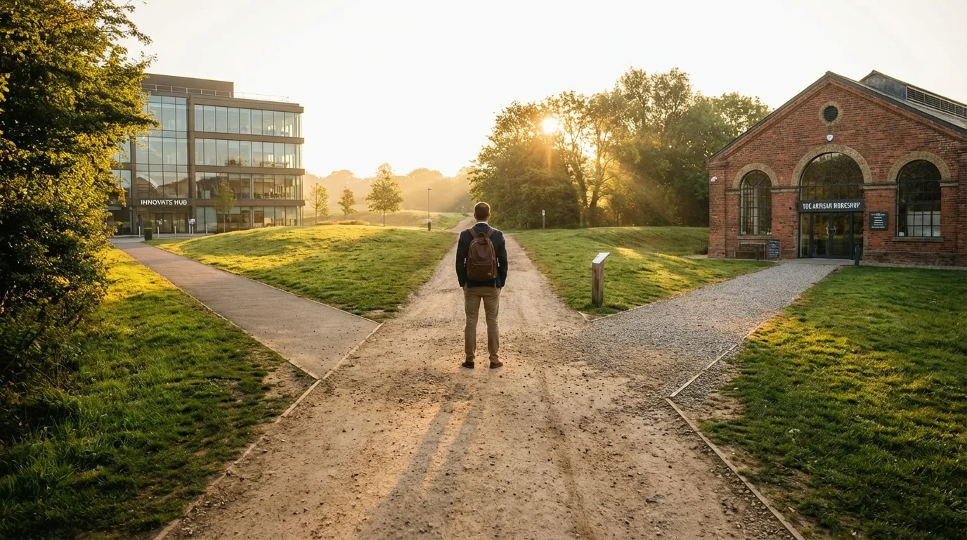 Person standing at a career crossroads symbolizing choices after divorce.
