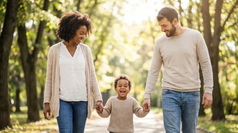 Two parents cooperating happily with their child in a sunny, neutral setting.