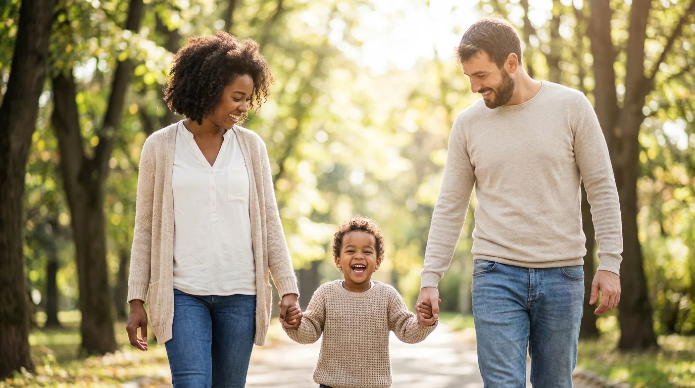 Two parents cooperating happily with their child in a sunny, neutral setting.