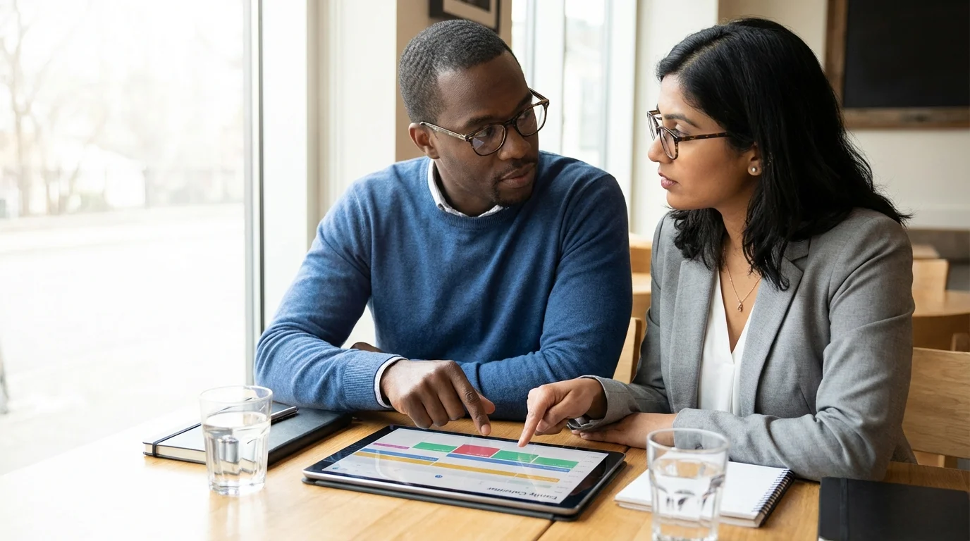Co-parents reviewing a shared digital calendar on a tablet, symbolizing planning and cooperation.