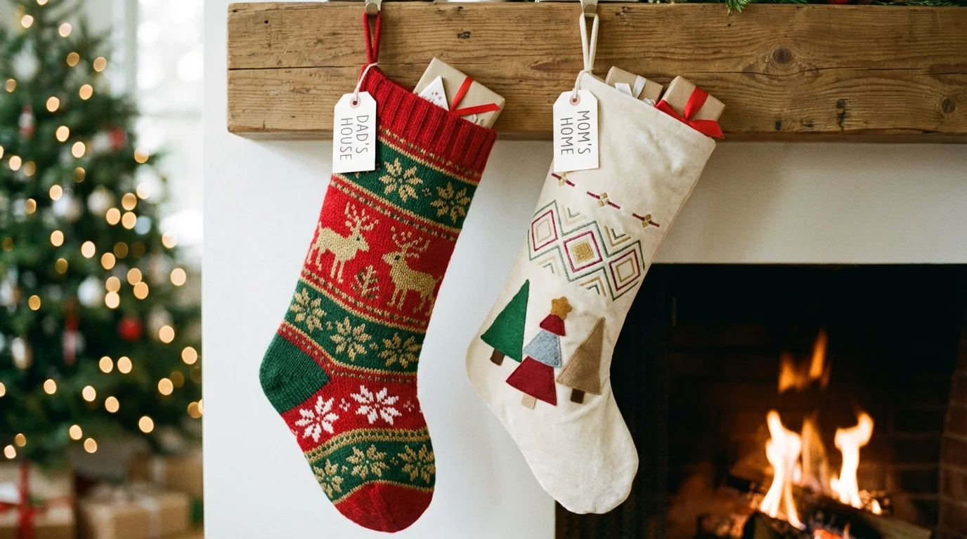 Two different holiday stockings hanging together, representing co-parenting holiday schedules.