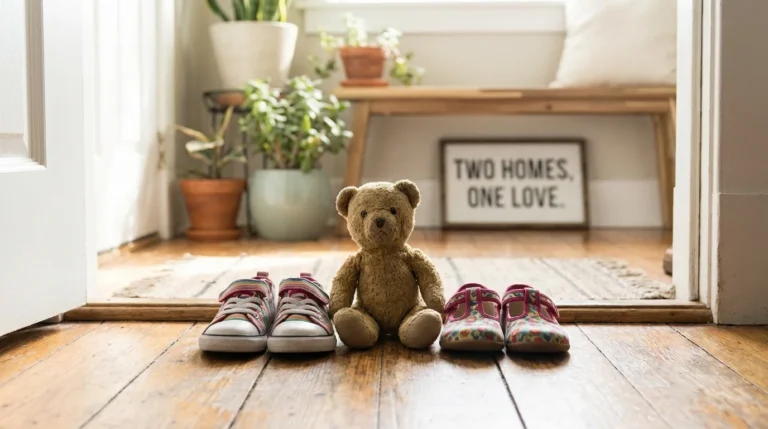 Two pairs of small toddler shoes representing consistency across two co-parenting homes.