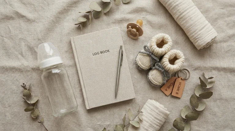 Flat lay of newborn essentials representing organized co-parenting logistics.