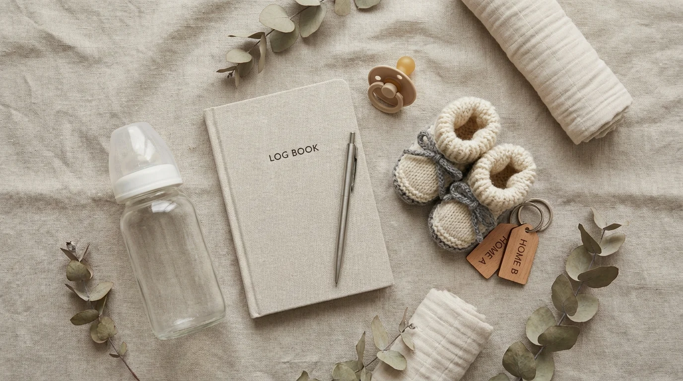 Flat lay of newborn essentials representing organized co-parenting logistics.