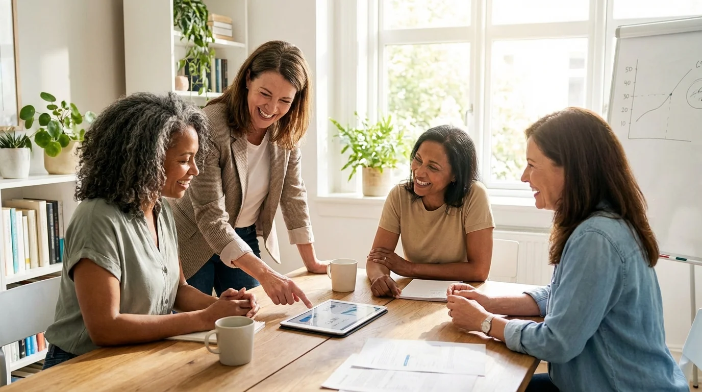 Women over 50 reviewing financial documents, symbolizing financial independence planning.