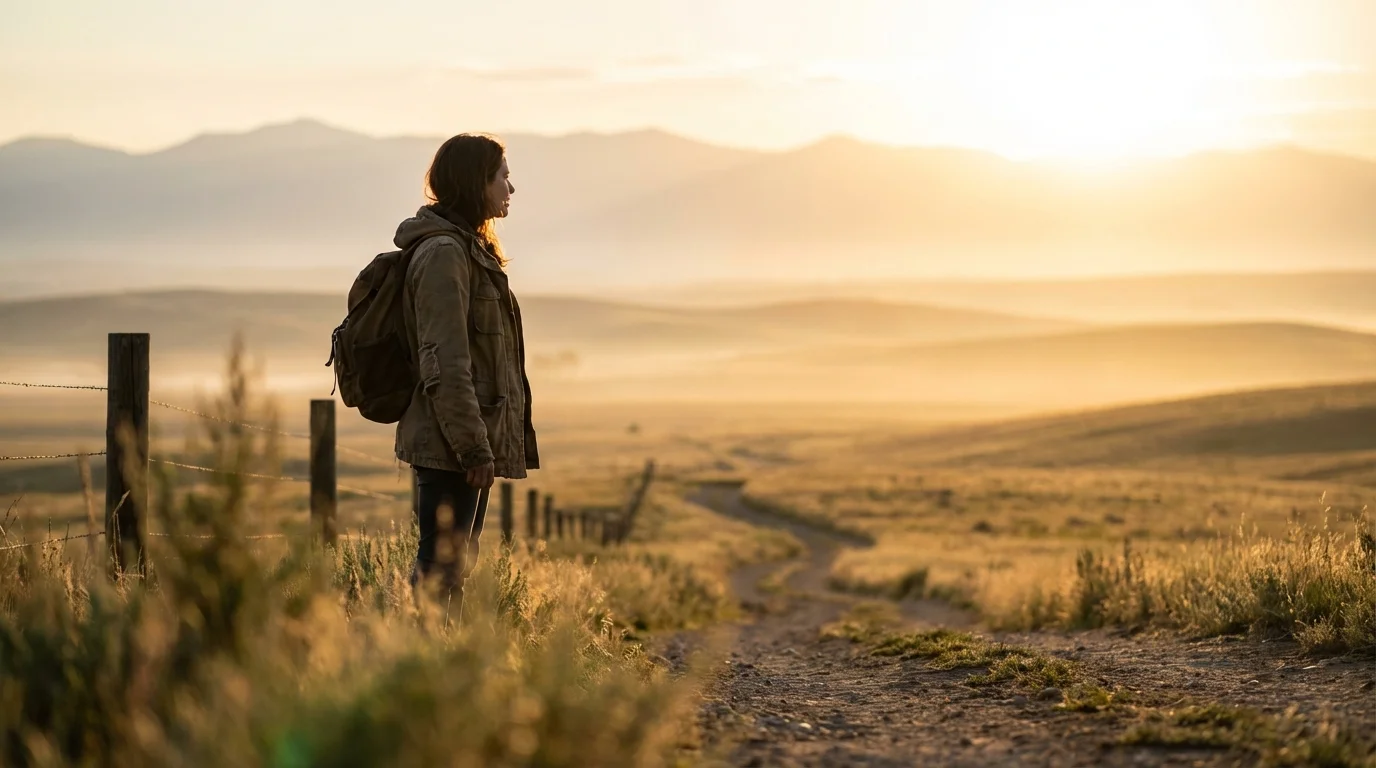 Woman looking toward a sunrise horizon, symbolizing finding her true self after divorce.