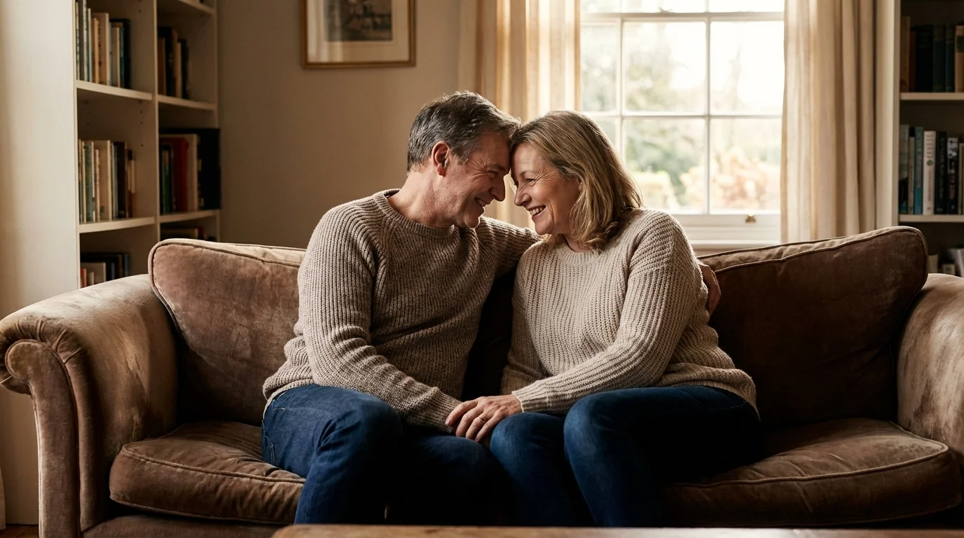 Couple sharing a moment of deep, trusting connection, symbolizing emotional safety.