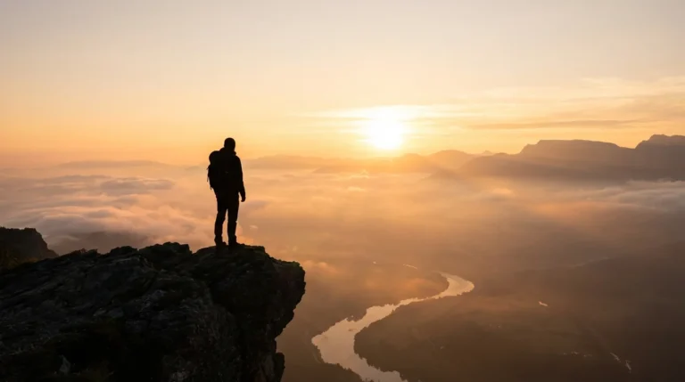Silhouette of a person looking toward a bright, open horizon after a major life change.