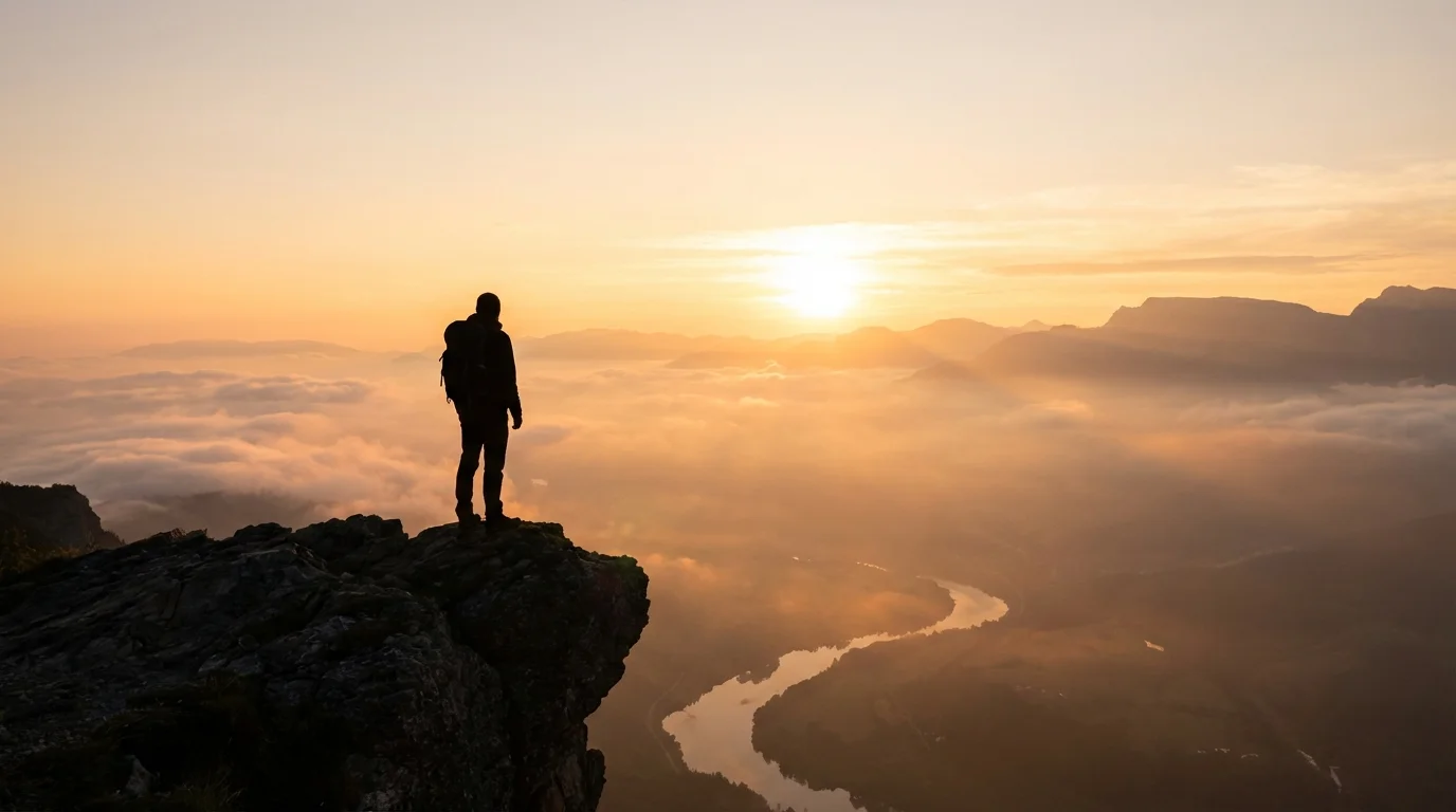 Silhouette of a person looking toward a bright, open horizon after a major life change.