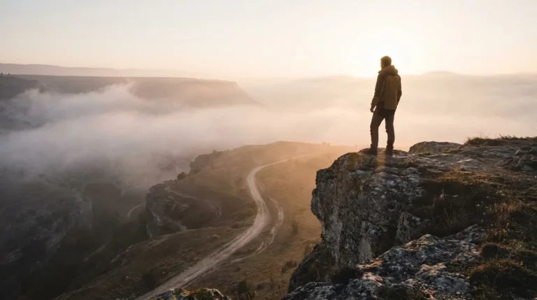 Contemplative person looking toward a sunrise, symbolizing the start of a journey to find life purpose.