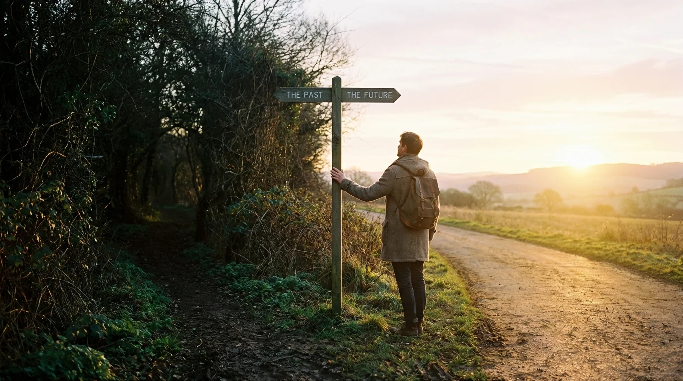 Person standing at a fork in the road symbolizing transition after divorce.