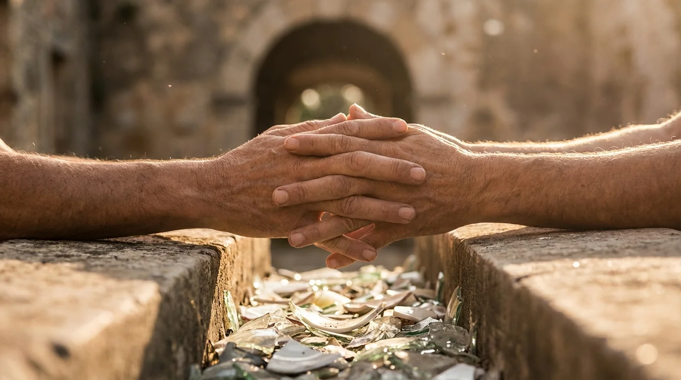 Two hands reaching across a gap symbolizing the delicate process of rebuilding trust.