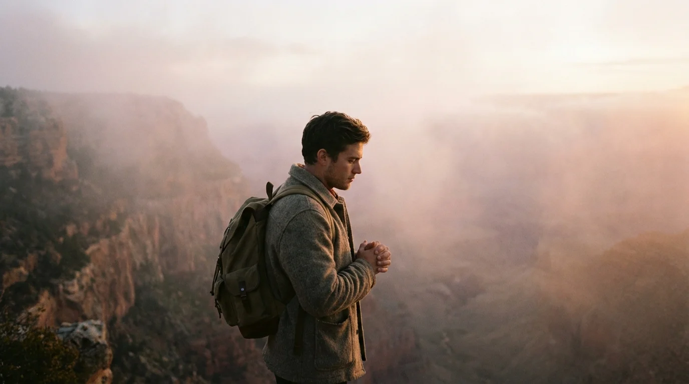 Person looking contemplatively toward a sunrise over a misty landscape, symbolizing self-discovery.