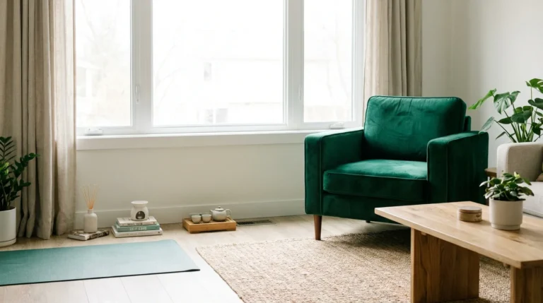 A bright, modern living room designed for peaceful, independent living.