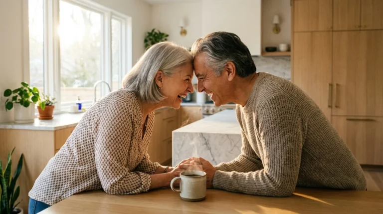 Couple sharing a genuine laugh while holding hands over morning coffee.