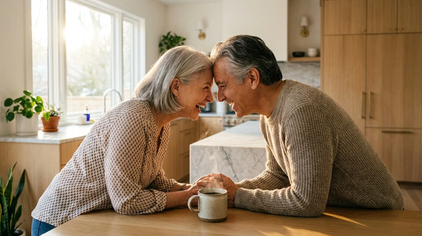 Couple sharing a genuine laugh while holding hands over morning coffee.