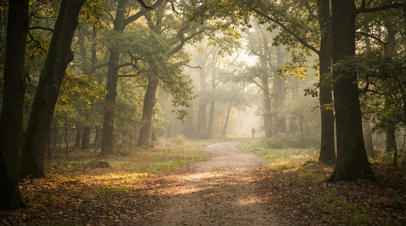 Winding path leading into a hopeful, misty forest representing the start of an emotional healing journey.