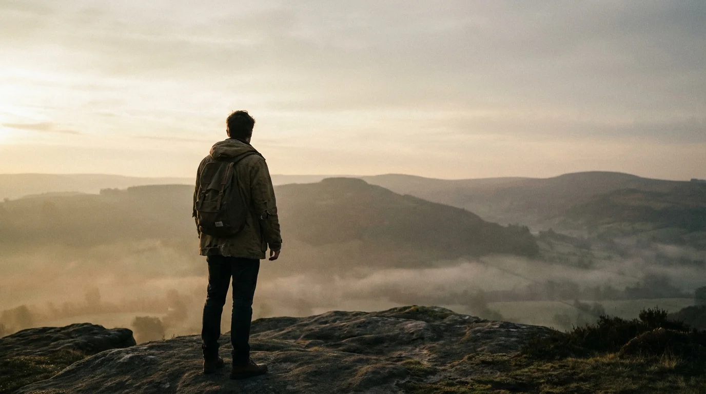 Person standing alone looking toward a hopeful, open horizon after a major life change.