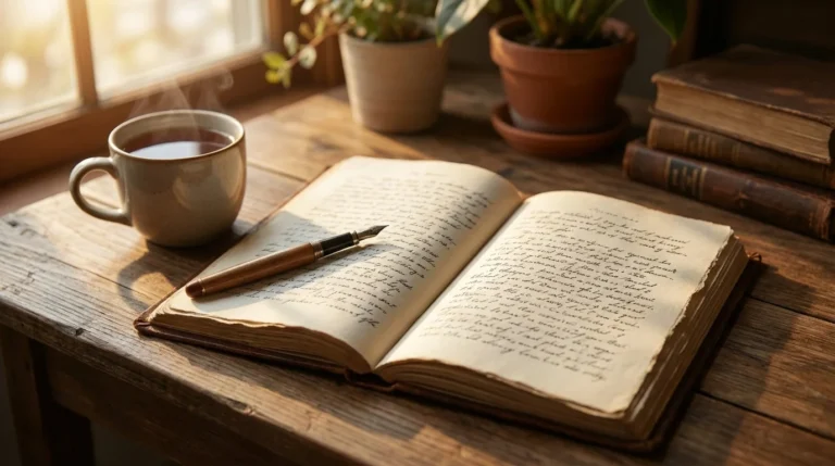 Open journal and fountain pen ready for writing emotional release prompts.