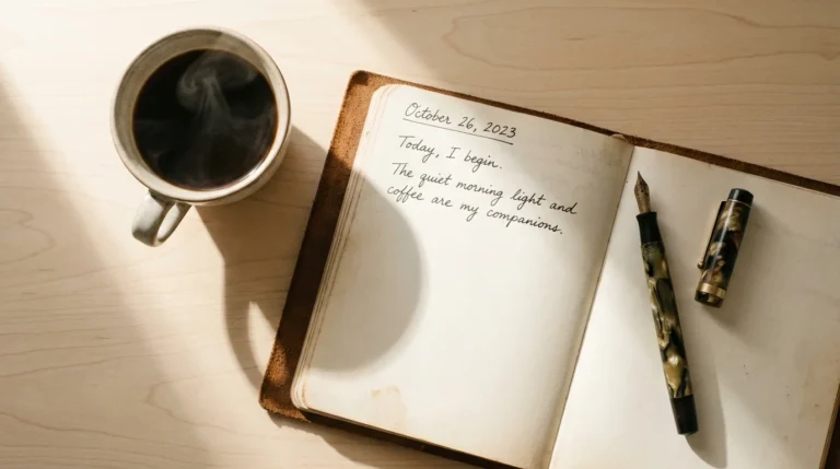 Open journal with a pen, ready for writing self-awareness prompts.