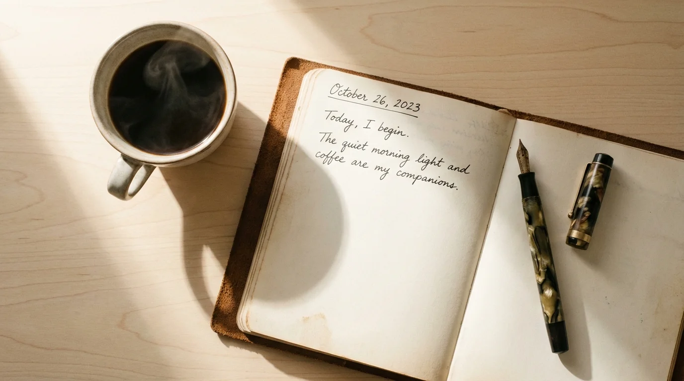 Open journal with a pen, ready for writing self-awareness prompts.