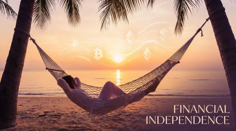 Person achieving financial independence relaxing while passive income flows digitally in the background.