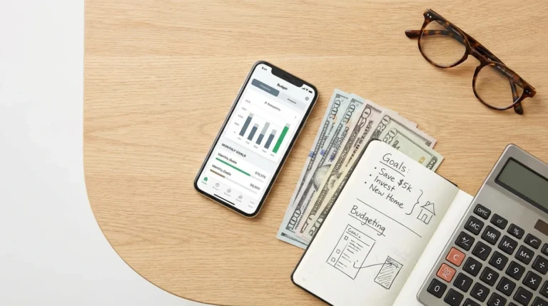 Overhead view of financial planning tools including a smartphone, cash, and a notebook.