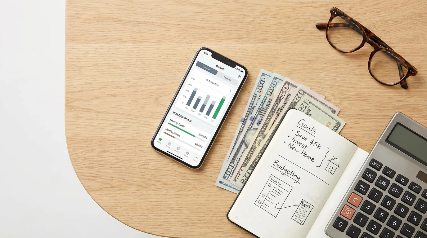 Overhead view of financial planning tools including a smartphone, cash, and a notebook.