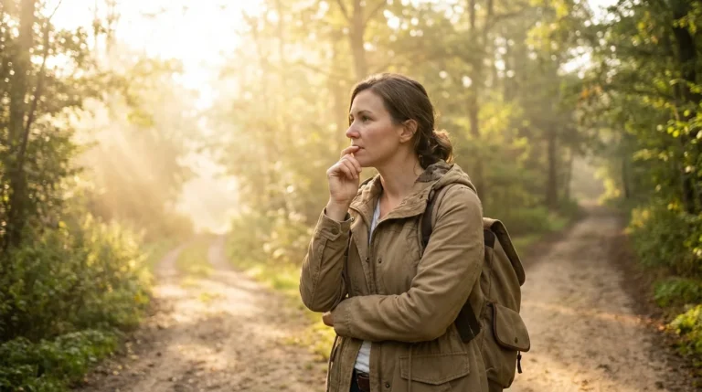 Woman in her 30s standing at a crossroads symbolizing new beginnings after divorce.