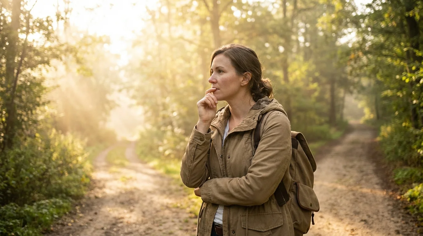 Woman in her 30s standing at a crossroads symbolizing new beginnings after divorce.