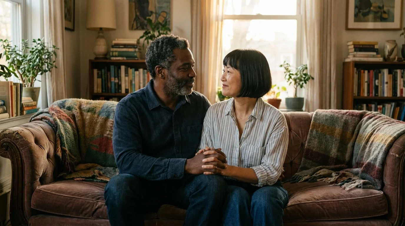 Couple holding hands and looking affectionately at each other, symbolizing relationship maintenance.