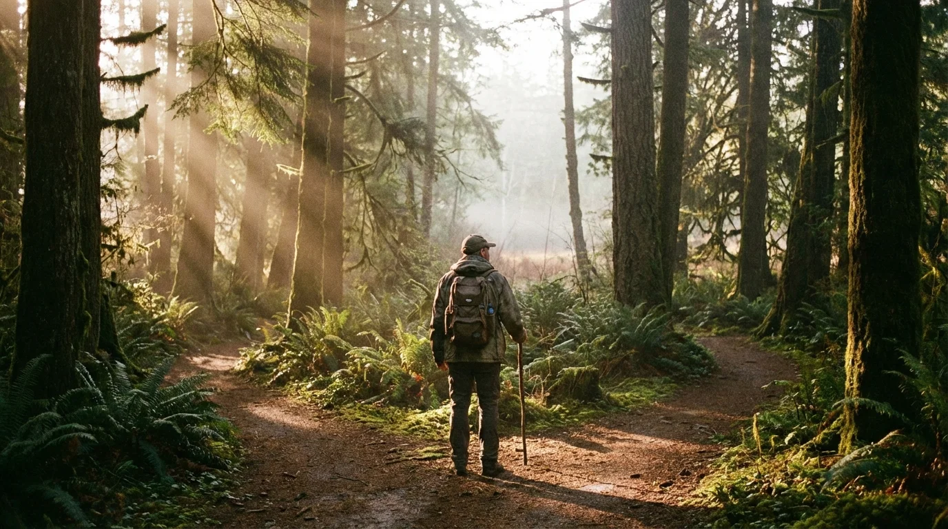 Adult contemplating a path forward during a self-discovery journey.