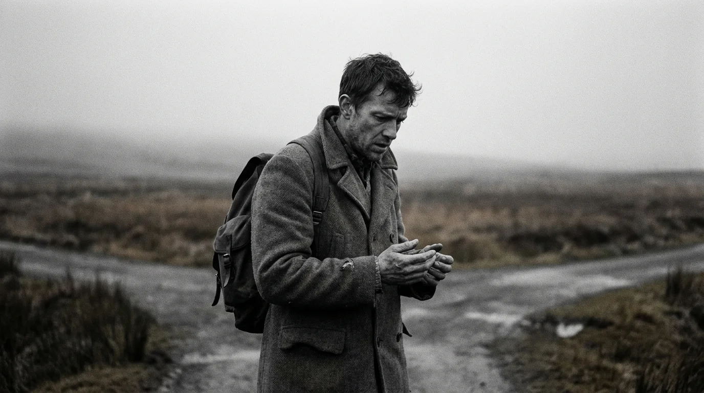 Person looking confused at a foggy crossroads, symbolizing feeling lost.