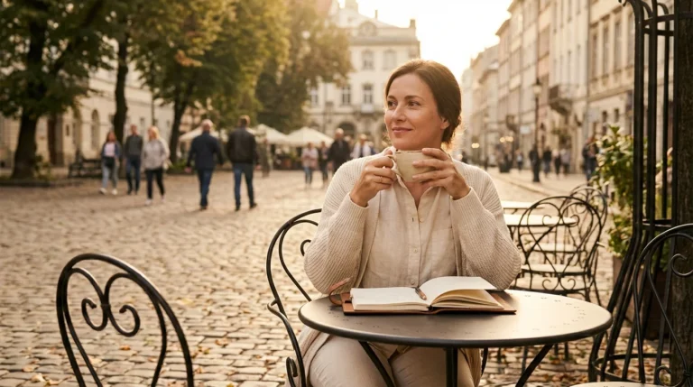 Woman enjoying a peaceful solo coffee date at an outdoor cafe table.