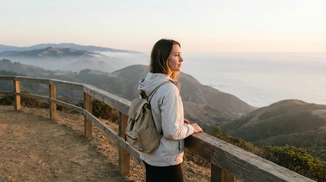 Woman looking out over a calm landscape during solo travel after divorce.