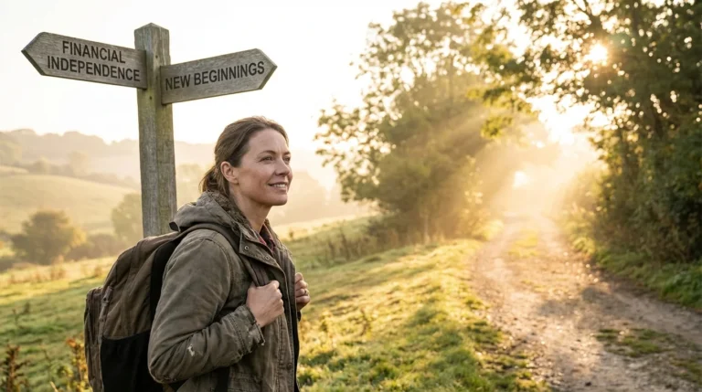 Woman standing at a crossroads symbolizing financial independence after divorce.