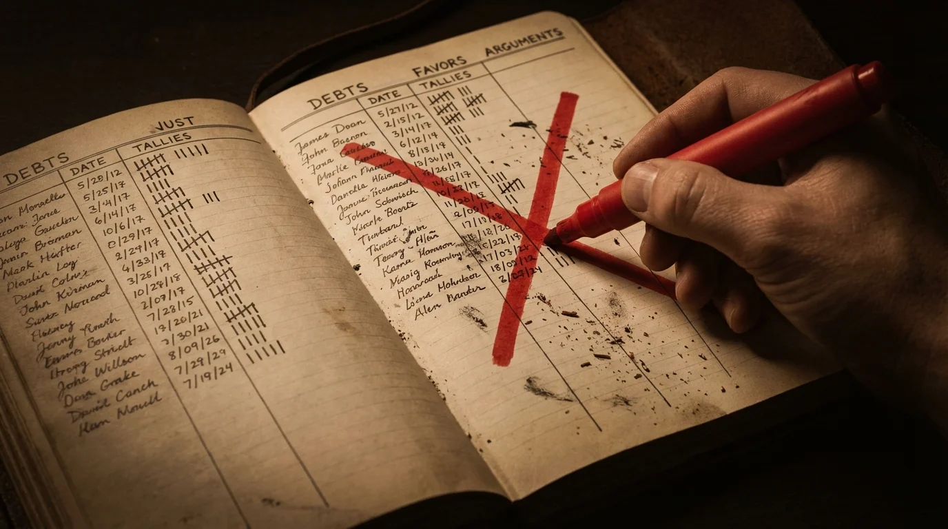 Mental scorecard being crossed out, representing the abandonment of the 50/50 fairness mindset.