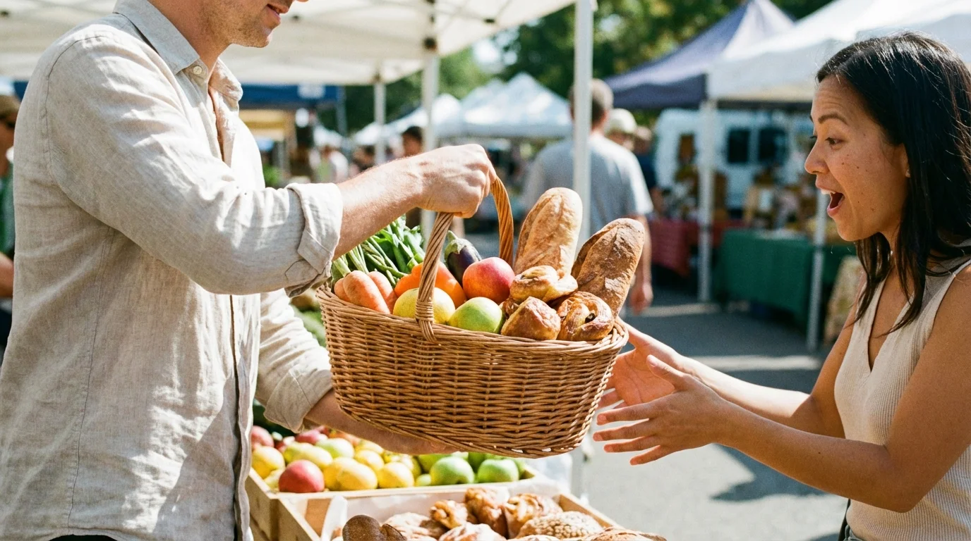 One partner generously offering an overflowing basket of goods to the other, symbolizing radical generosity.