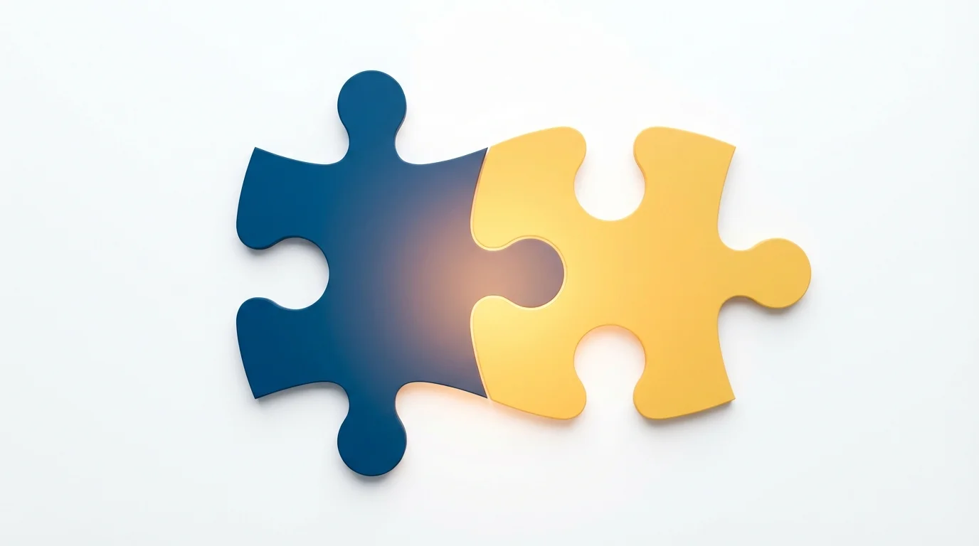 Two different colored puzzle pieces fitting perfectly together, representing shared success in marriage.