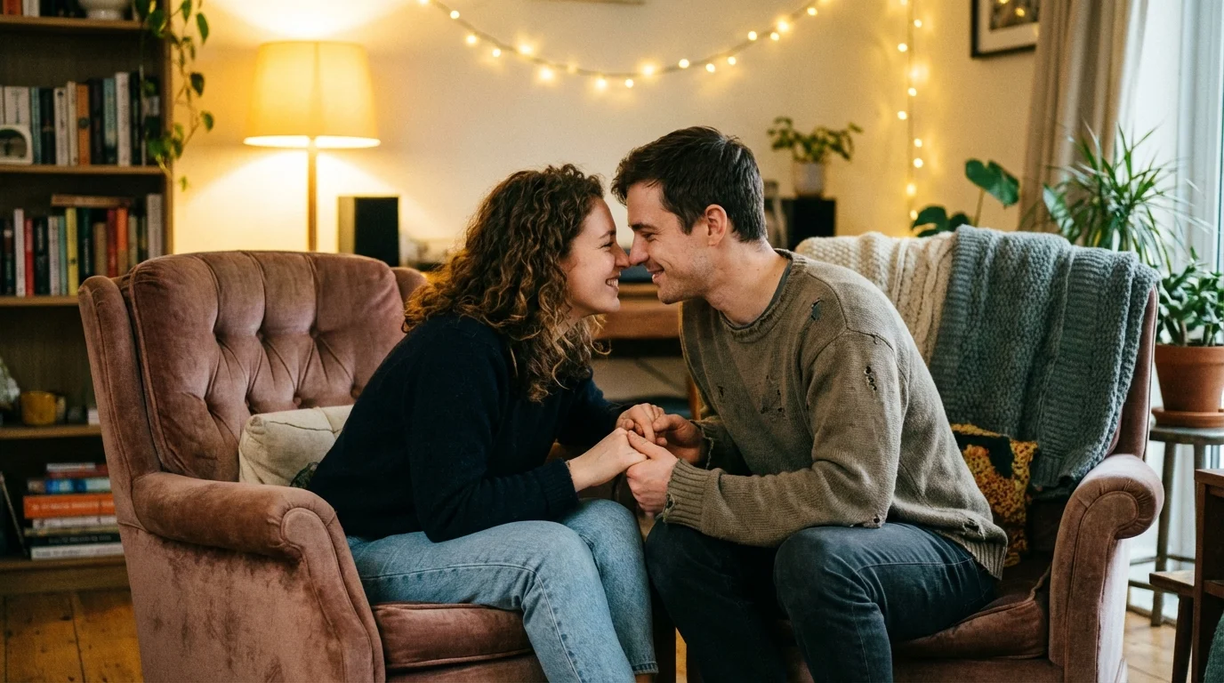 Couple sitting close on a sofa, holding hands and sharing a moment of deep, quiet connection.
