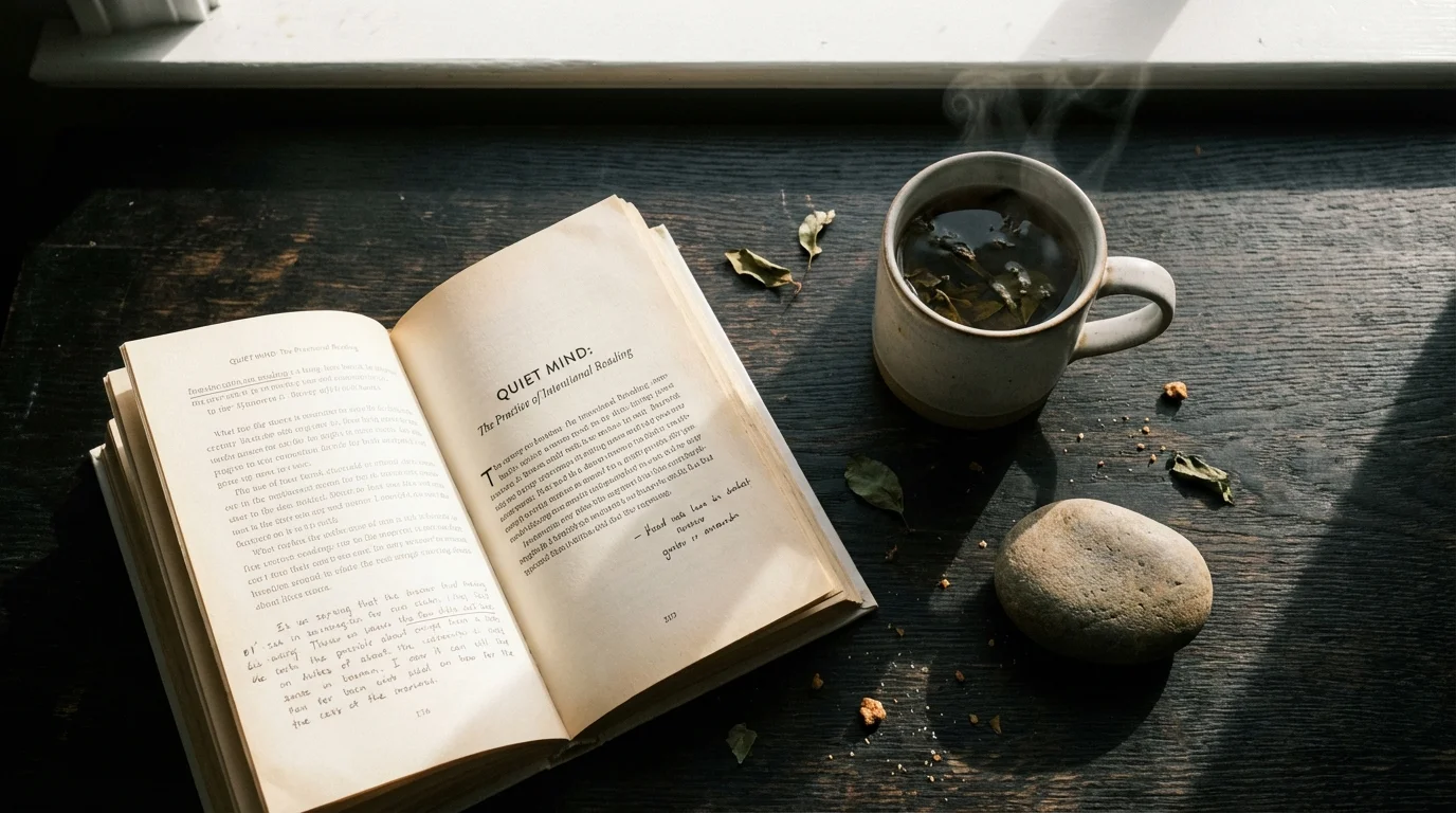 Overhead view of an open book and tea, symbolizing bibliotherapy and self-care.