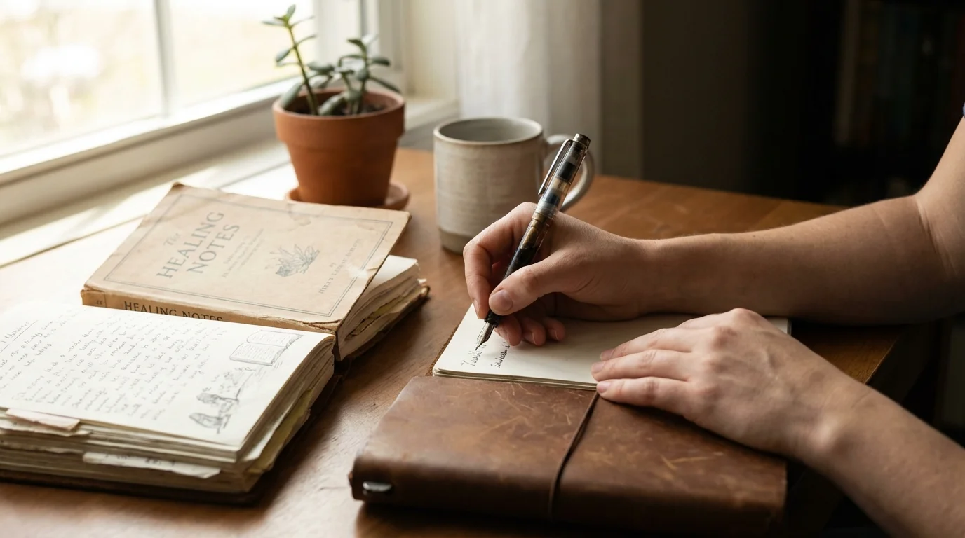 Hands writing in a journal next to an open book, illustrating the integration of wisdom.