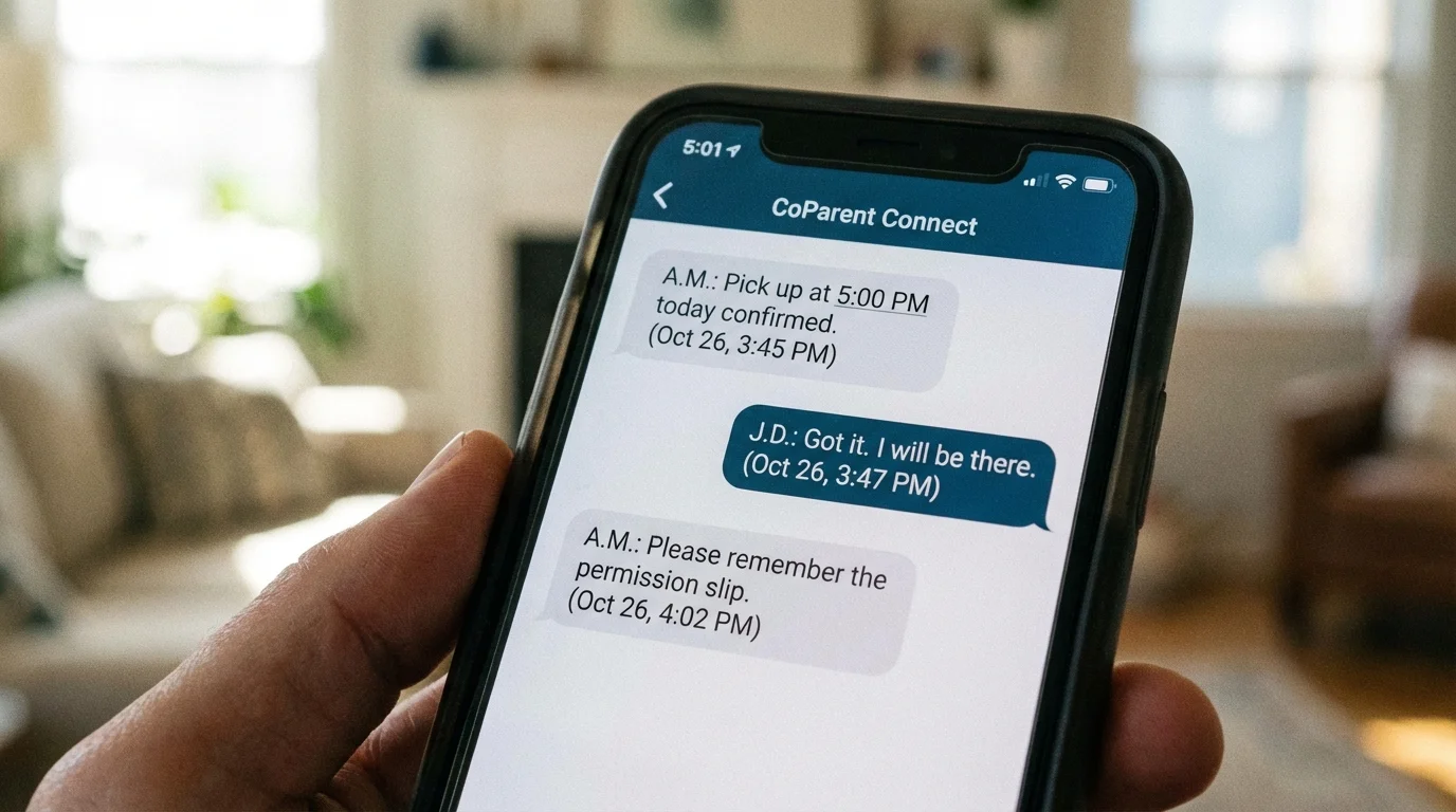 Close-up of a timestamped message log in a co-parenting app highlighting accountability.