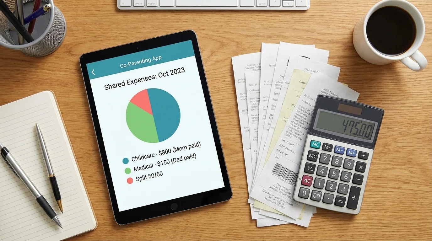 Flat lay of a tablet showing expense tracking features of a co-parenting application.