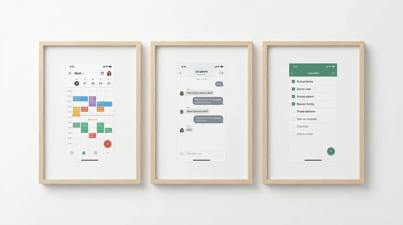 Collage of various co-parenting app screens showing different organizational features.