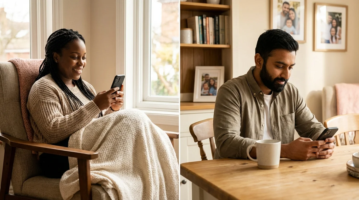Two parents using their smartphones independently but synchronously with co-parenting apps.